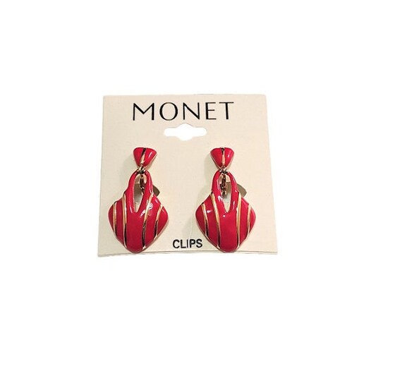 Monet Red Striped Shield Clip On Earrings Gold To… - image 1