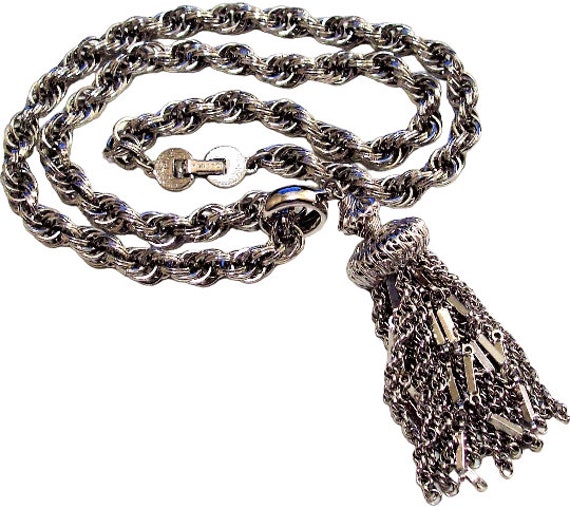 Monet Chain Tassel Necklace Silver Tone Vintage T… - image 7