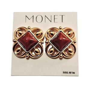 Monet Red Rust Diamond Pierced Earrings Gold Tone Vintage Large Square Open Filigree Scroll Bead Ends