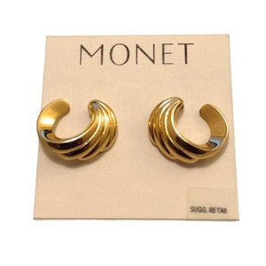 Monet Curved Crescent Ribbed Clip On or Pierced Post Earrings Gold Tone Vintage Open End Round Swirl Lined Buttons