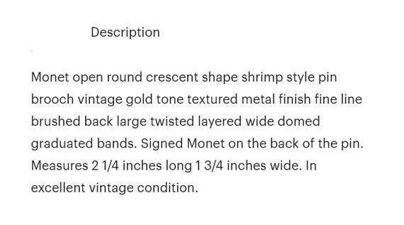 Monet Shrimp Band Pin Brooch Gold Tone Vintage Cr… - image 2