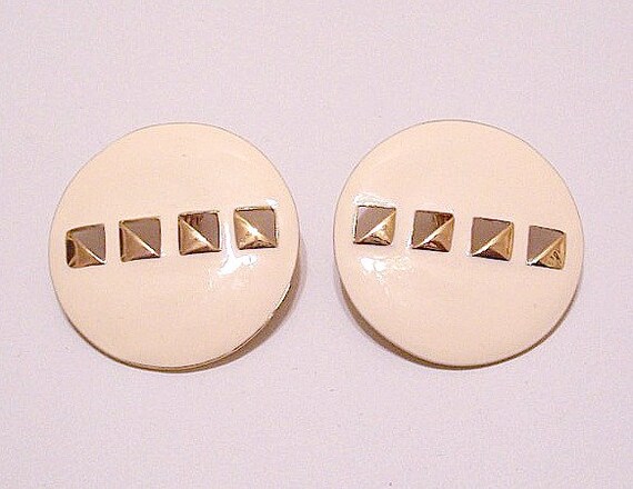 Monet Beige Slotted Big Buttons Clip On Earrings … - image 9
