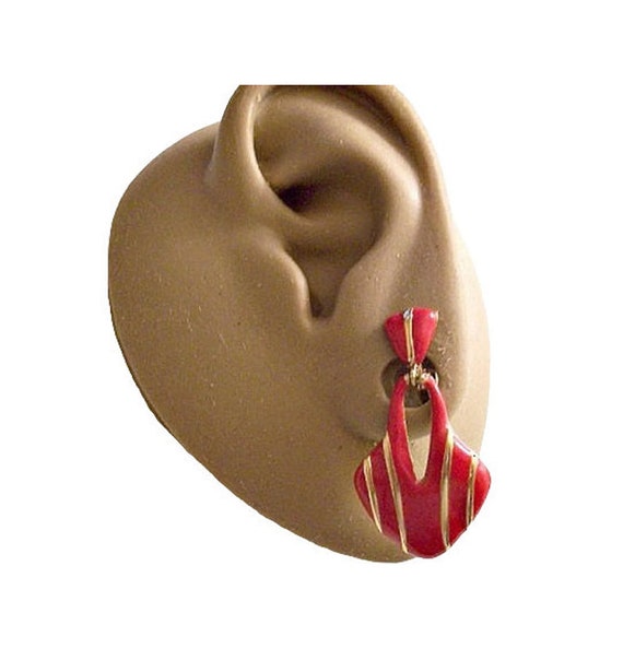 Monet Red Striped Shield Clip On Earrings Gold To… - image 2