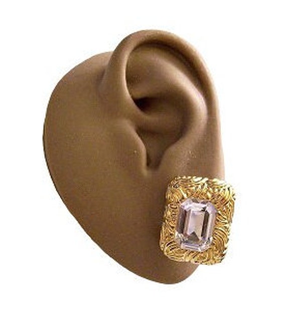 Liz Claiborne Square Crystal Clip On Earrings Gol… - image 2