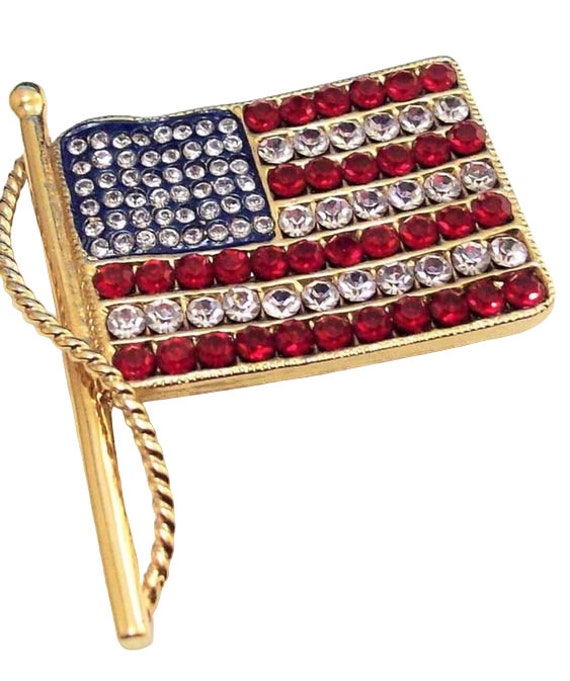 Swarovski American Flag USA Gold Pin Brooch Penda… - image 5