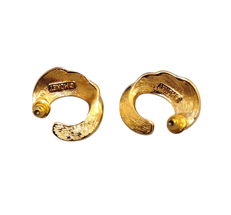Monet Curved Crescent Ribbed Clip On or Pierced Post Earrings Gold Tone Vintage Open End Round Swirl Lined Buttons