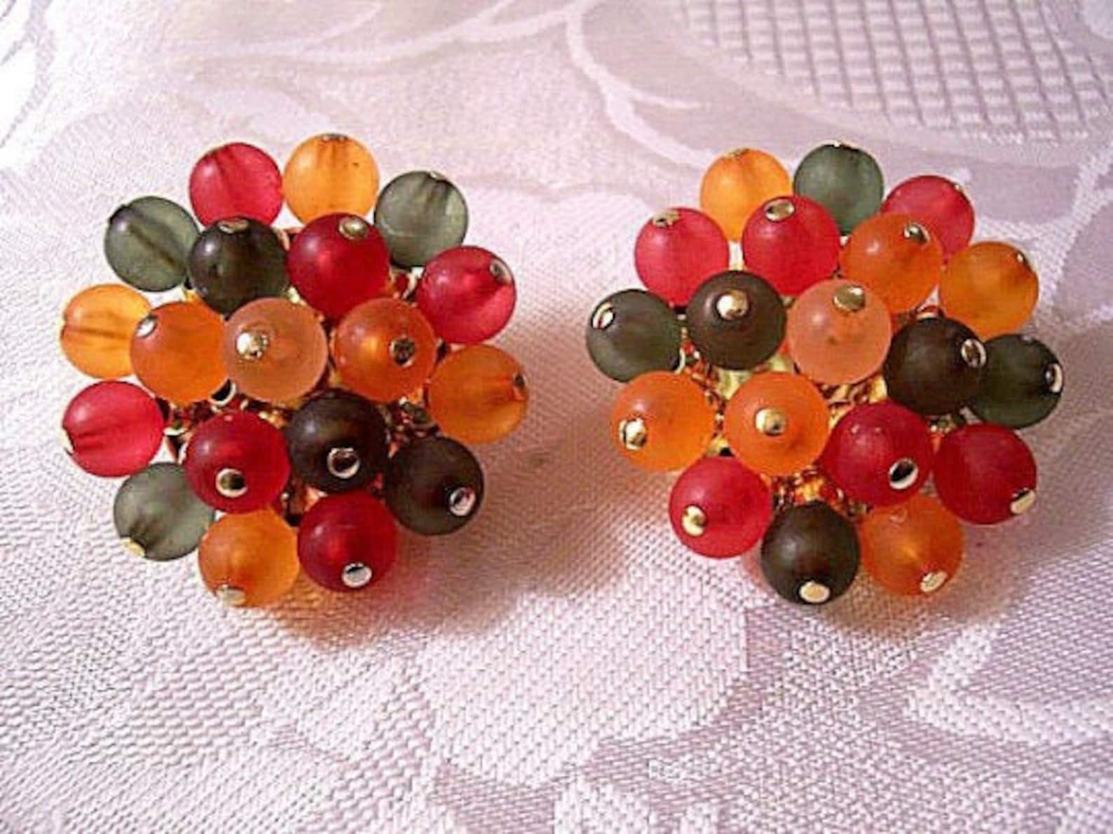 Frosted Glass Cluster Bead Clip on Earrings Gold Tone Vintage Etsy