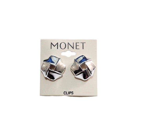 Monet Wide Band Disc Clip On Earrings Silver Tone… - image 1