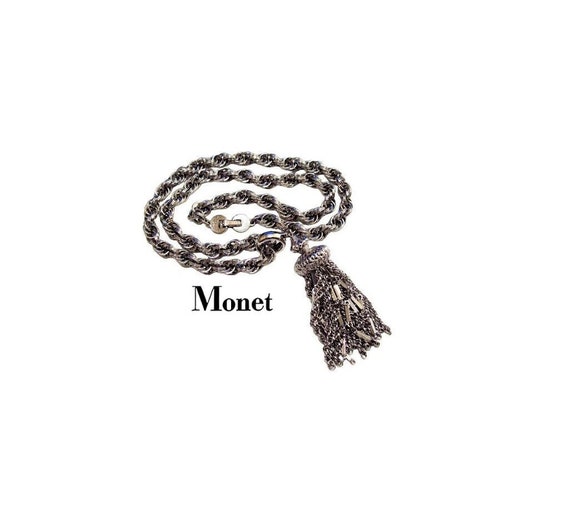 Monet Chain Tassel Necklace Silver Tone Vintage T… - image 1