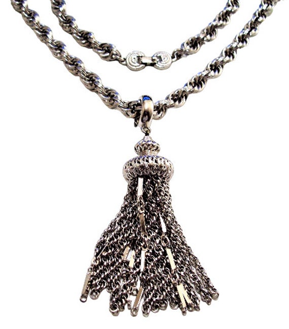 Monet Chain Tassel Necklace Silver Tone Vintage T… - image 10