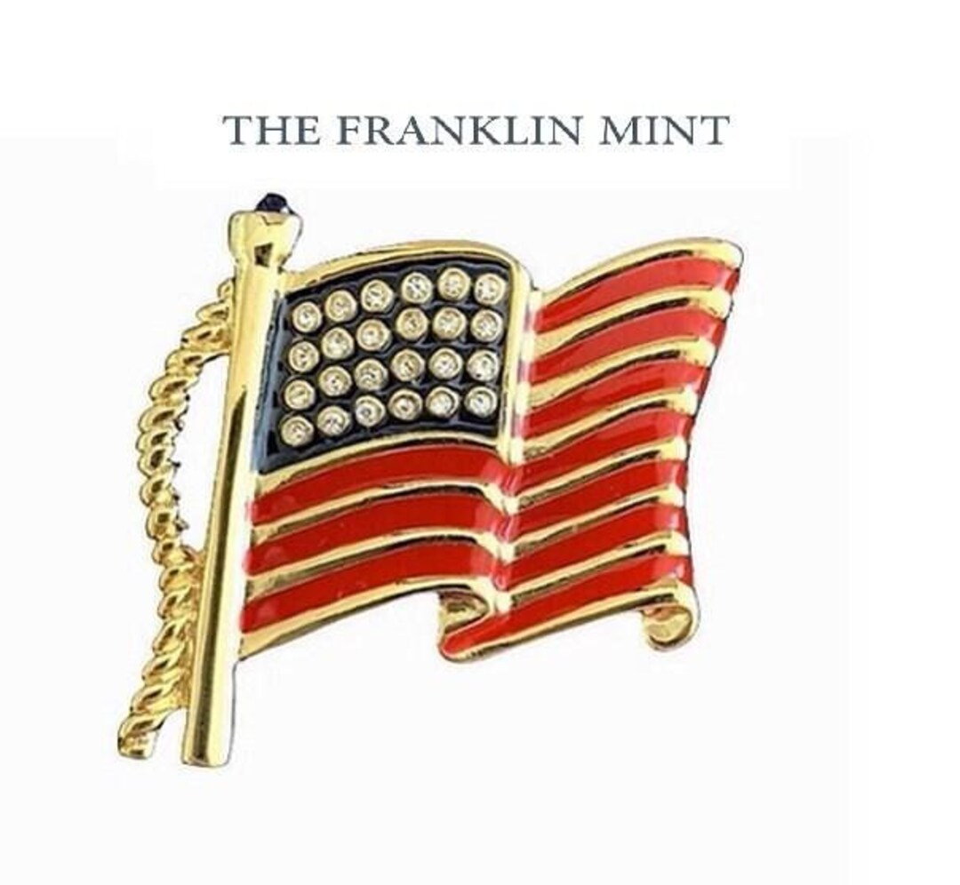 Franklin Mint Swarovski USA Flag Pin Brooch Gold Vintage Patriotic