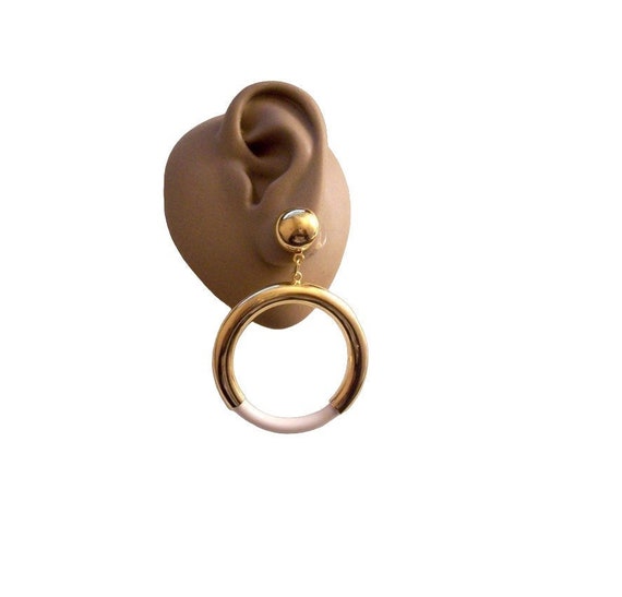 White Jumbo Hoops Pierced Post Stud Earrings Gold… - image 1