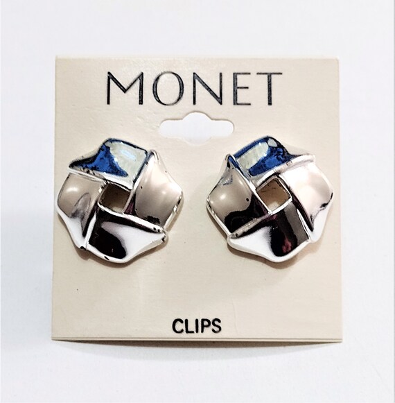 Monet Wide Band Disc Clip On Earrings Silver Tone… - image 9