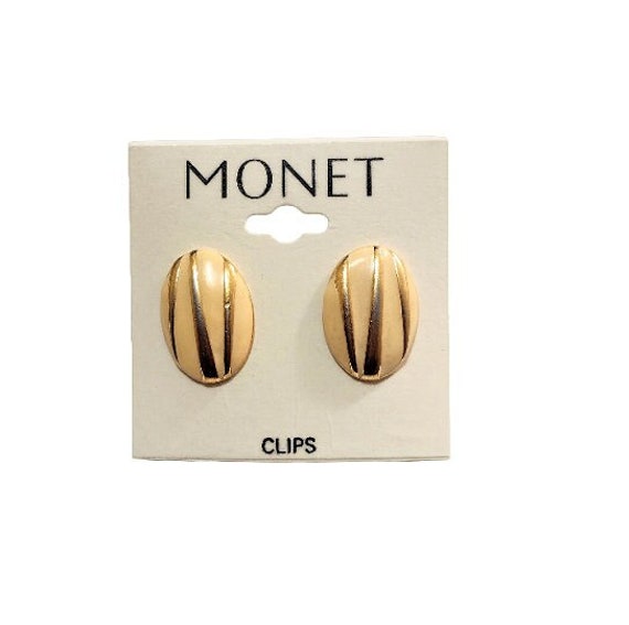 Monet Beige Raised Stripe Clip On Earrings Gold To