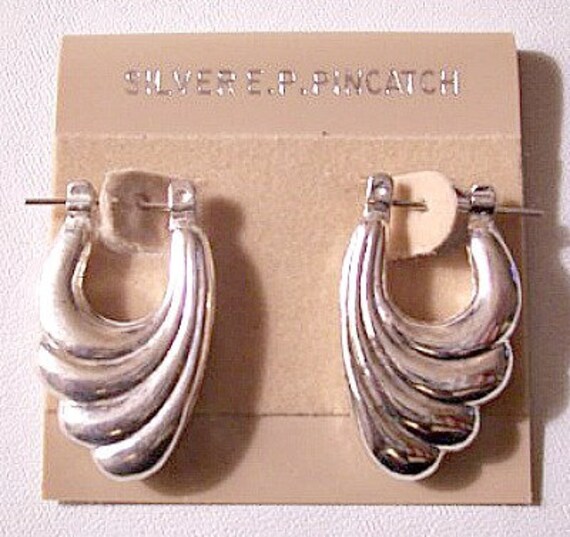 Wave Layered Hoops Pierced Earrings Silver Electro Plated Tone Vintage Large Graduated Curl Ribs Non Monet