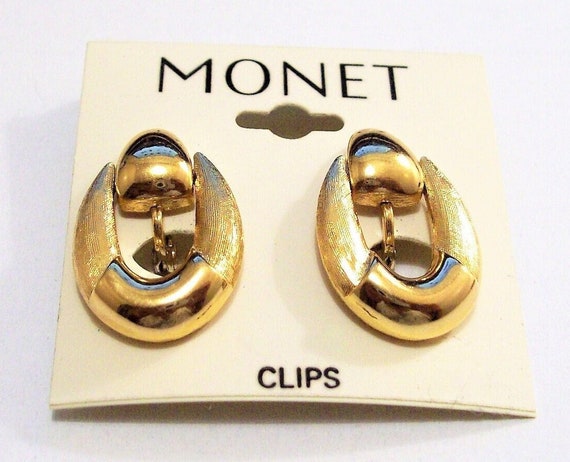 Monet Drop Hoop Door Knocker Clip On Earrings Gol… - image 6