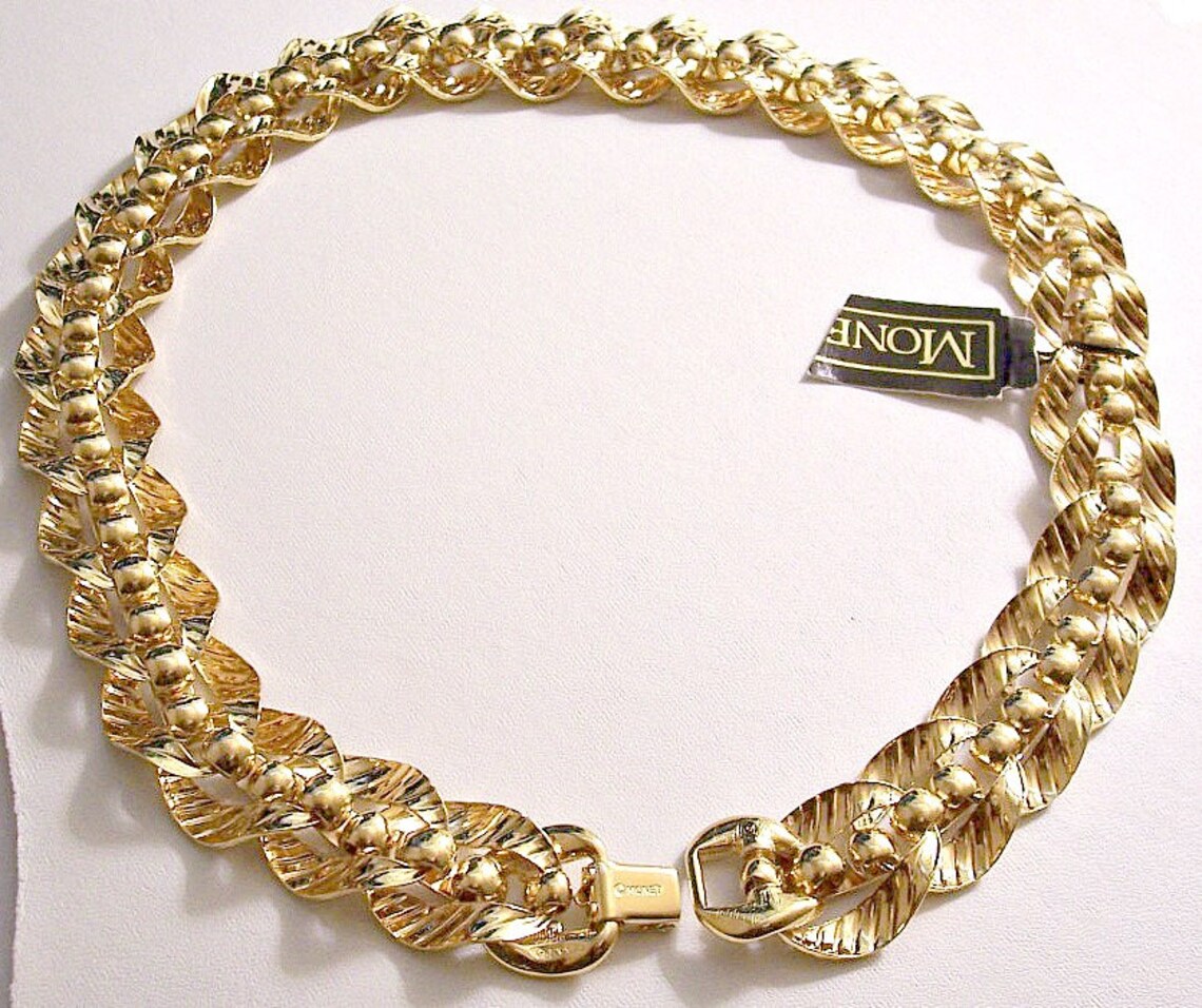 Monet Slant Link Chain Choker Necklace Gold Tone Vintage Wide | Etsy