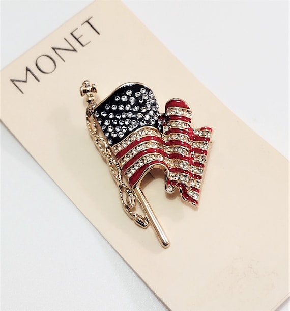Monet American USA Patriotic Flag Pin Brooch Gold… - image 9