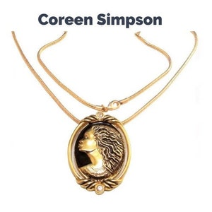 Coreen Simpson Regal Beauty Cameo Pin Brooch Pendant Necklace Gold Tone Vintage Avon Cobra Weaved Link Chain Black Accent Lobster Claw image 6