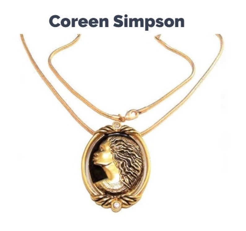 Coreen Simpson Regal Beauty Cameo Pin Brooch Pendant Necklace Gold Tone Vintage Avon Cobra Weaved Link Chain Black Accent Lobster Claw image 6