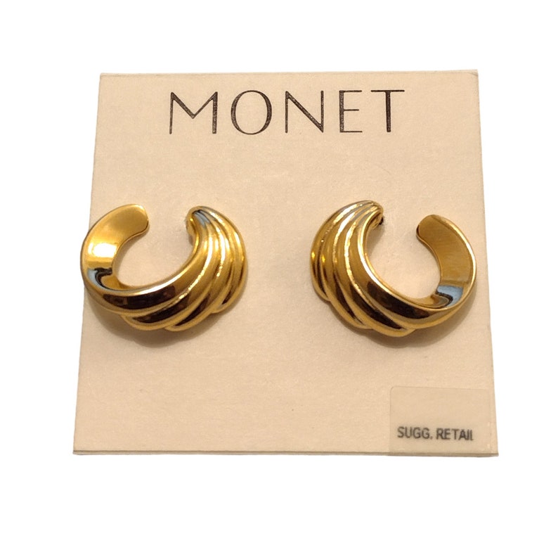 Monet Curved Crescent Ribbed Clip On or Pierced Post Earrings Gold Tone Vintage Open End Round Swirl Lined Buttons