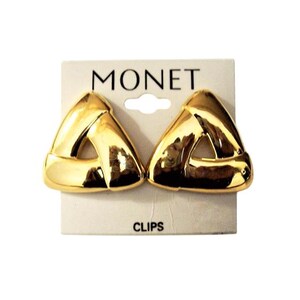 Monet Triangle Band Clip On Earrings Gold Tone Vintage Large Polished Layered Wide Strips Open Center Comfort Paddles