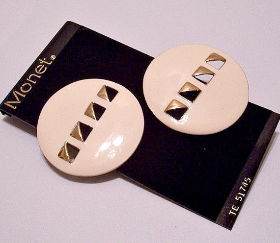 Monet Beige Slotted Big Buttons Clip On Earrings … - image 5