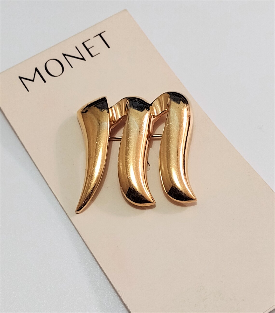 Monet Big M Pin Brooch Gold Tone Vintage Swirl Script Dome - Etsy