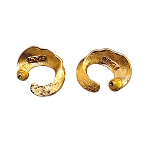 Monet Curved Crescent Ribbed Clip On or Pierced Post Earrings Gold Tone Vintage Open End Round Swirl Lined Buttons