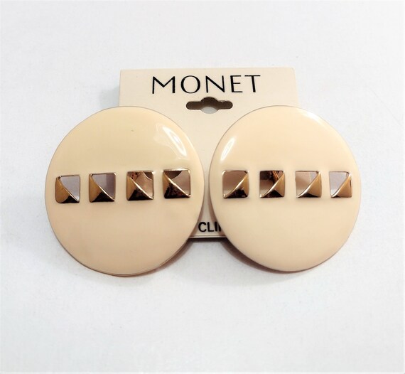 Monet Beige Slotted Big Buttons Clip On Earrings … - image 7