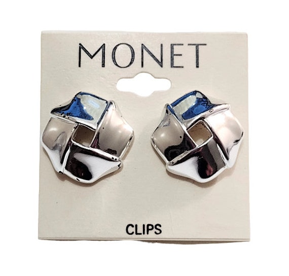Monet Wide Band Disc Clip On Earrings Silver Tone… - image 3