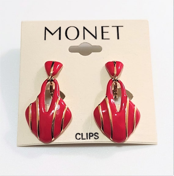 Monet Red Striped Shield Clip On Earrings Gold To… - image 8