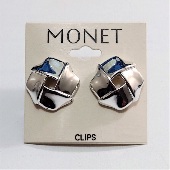 Monet Wide Band Disc Clip On Earrings Silver Tone… - image 7