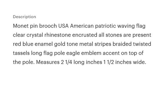 Monet American USA Patriotic Flag Pin Brooch Gold… - image 2