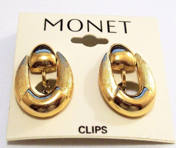 Monet Drop Hoop Door Knocker Clip On Earrings Gol… - image 9