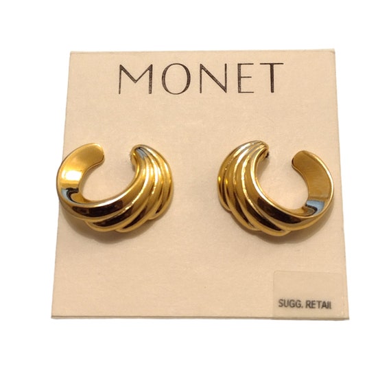 Monet Curved Crescent Ribbed Clip On or Pierced Post Earrings Gold Tone Vintage Open End Round Swirl Lined Buttons