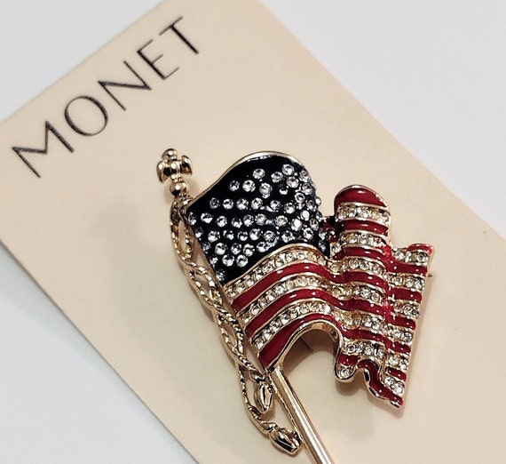 Monet American USA Patriotic Flag Pin Brooch Gold… - image 5