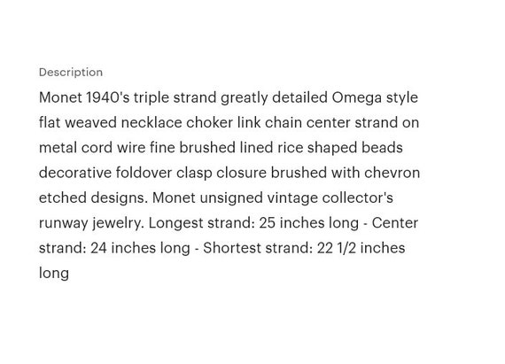 Monet Omega Weaved Triple Strand Necklace Choker … - image 2