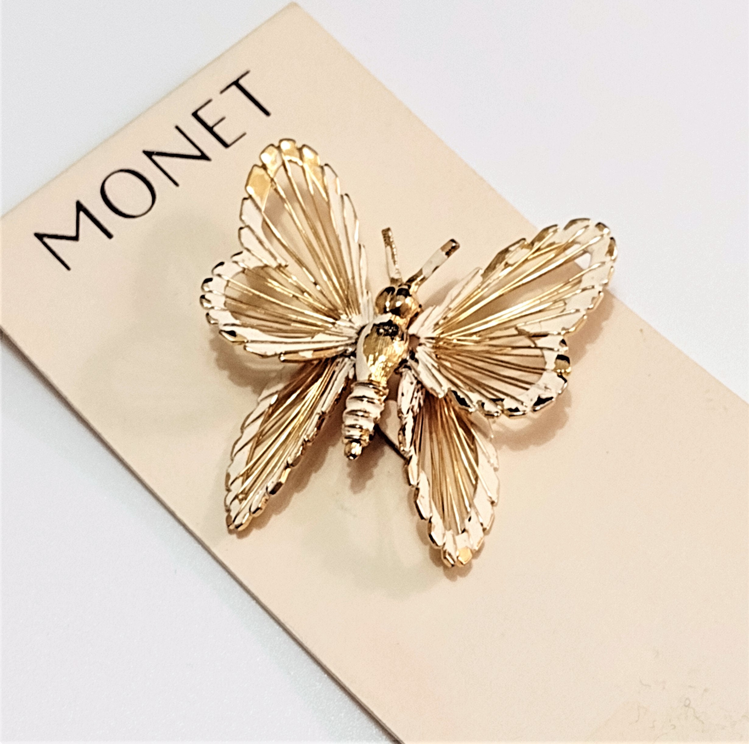 Monet Butterfly Pin Brooch Gold Tone Vintage Beige Large Wire
