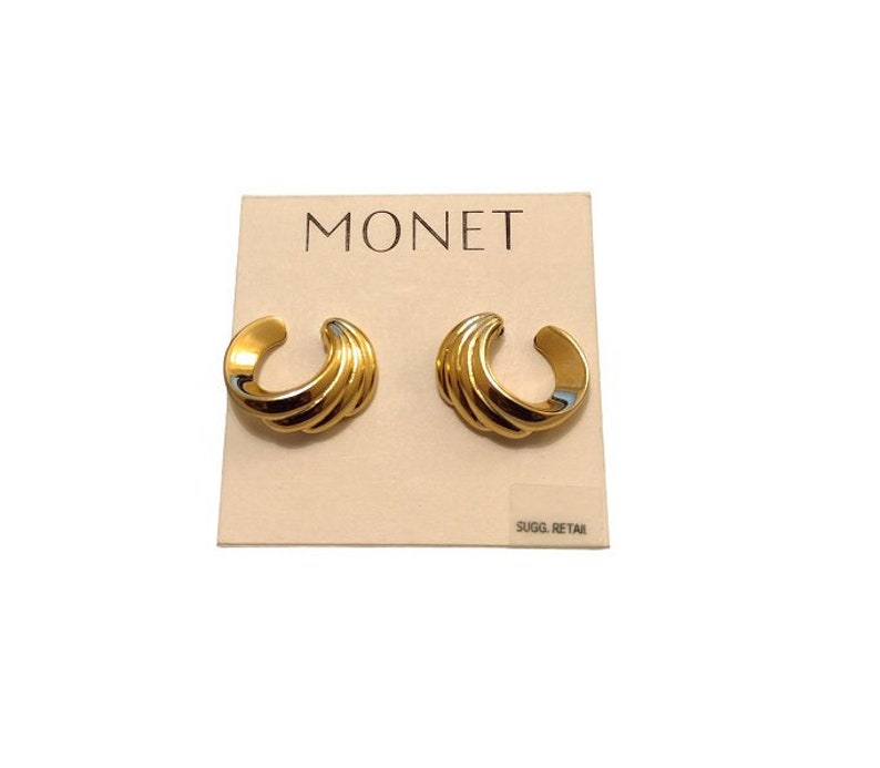 Monet Curved Crescent Ribbed Clip On or Pierced Post Earrings Gold Tone Vintage Open End Round Swirl Lined Buttons