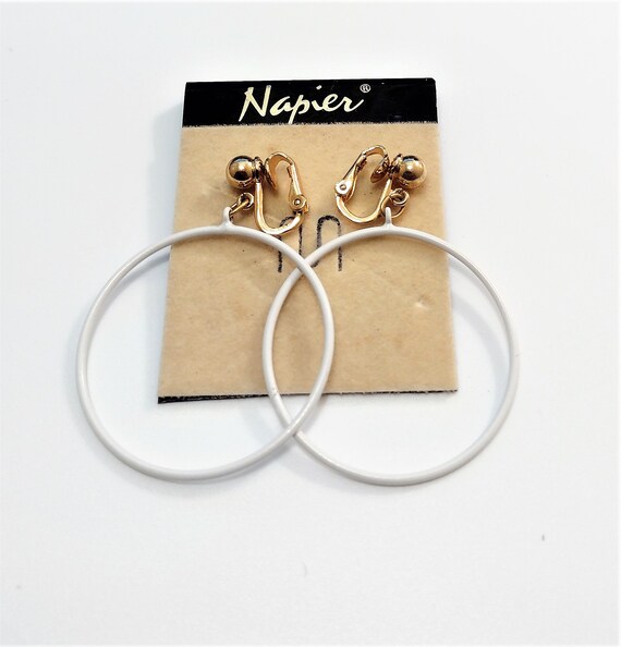 Napier White Thin Hoops Clip On Earrings Gold Ton… - image 7