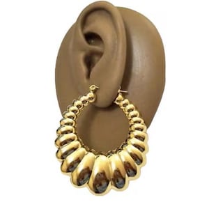 1 7/8" Shrimp Hoop Graduated Pierced Earrings Gold Plated Extra Large Vintage Ribbed Puffed Long Oval Ring Dangles Surgical Steel Posts