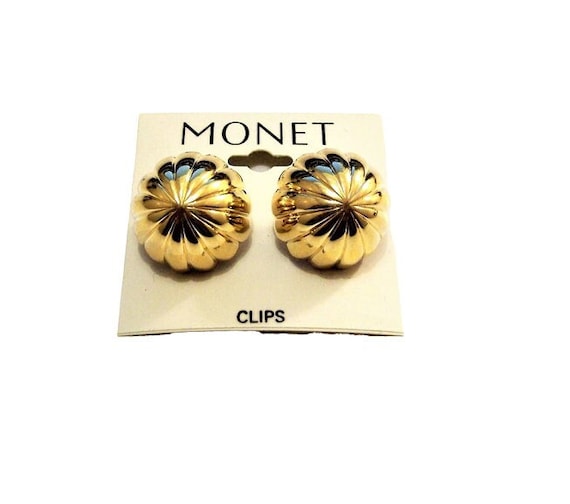 Monet Domed Button Clip On Earrings Gold Tone Vintage Ribbed Columns Etsy