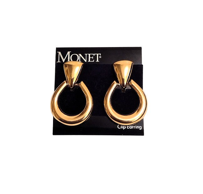 Monet Teardrop Door Knocker Clip on Earrings Vintage Polished Gold