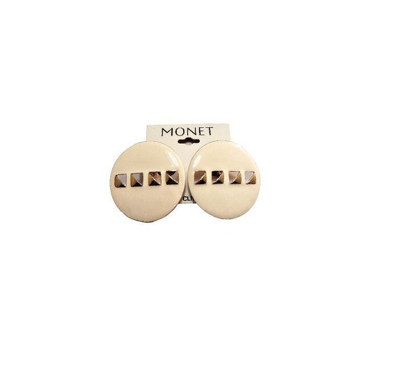 Monet Beige Slotted Big Buttons Clip On Earrings … - image 1