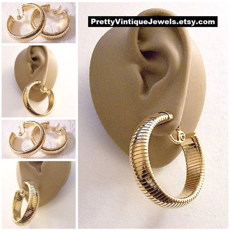 Monet Omega Ribbed Hoops Clip on Earrings Gold Tone Vintage | Etsy