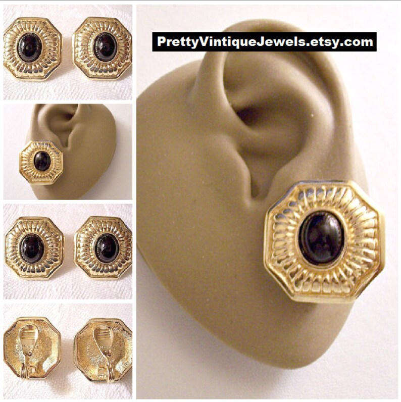 Black Oval Bead Clip On Earrings Gold Tone Vintage Rib Etsy
