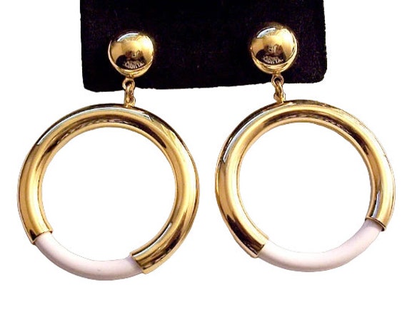 White Jumbo Hoops Pierced Post Stud Earrings Gold… - image 8