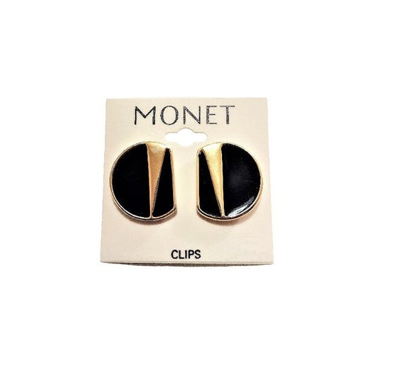 Monet Black Flat Side Circle Clip On Gold Tone Ea… - image 1