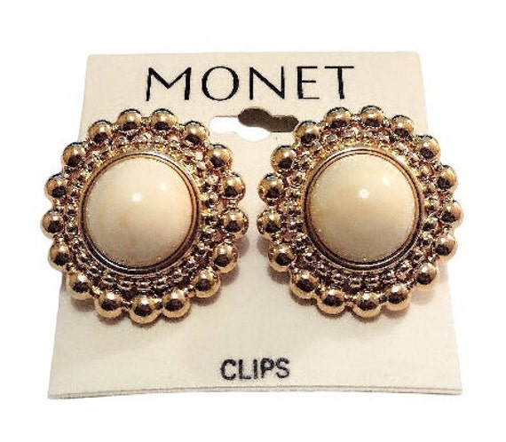 Monet Beige Marbled Stone Bead Clip On Earrings G… - image 9